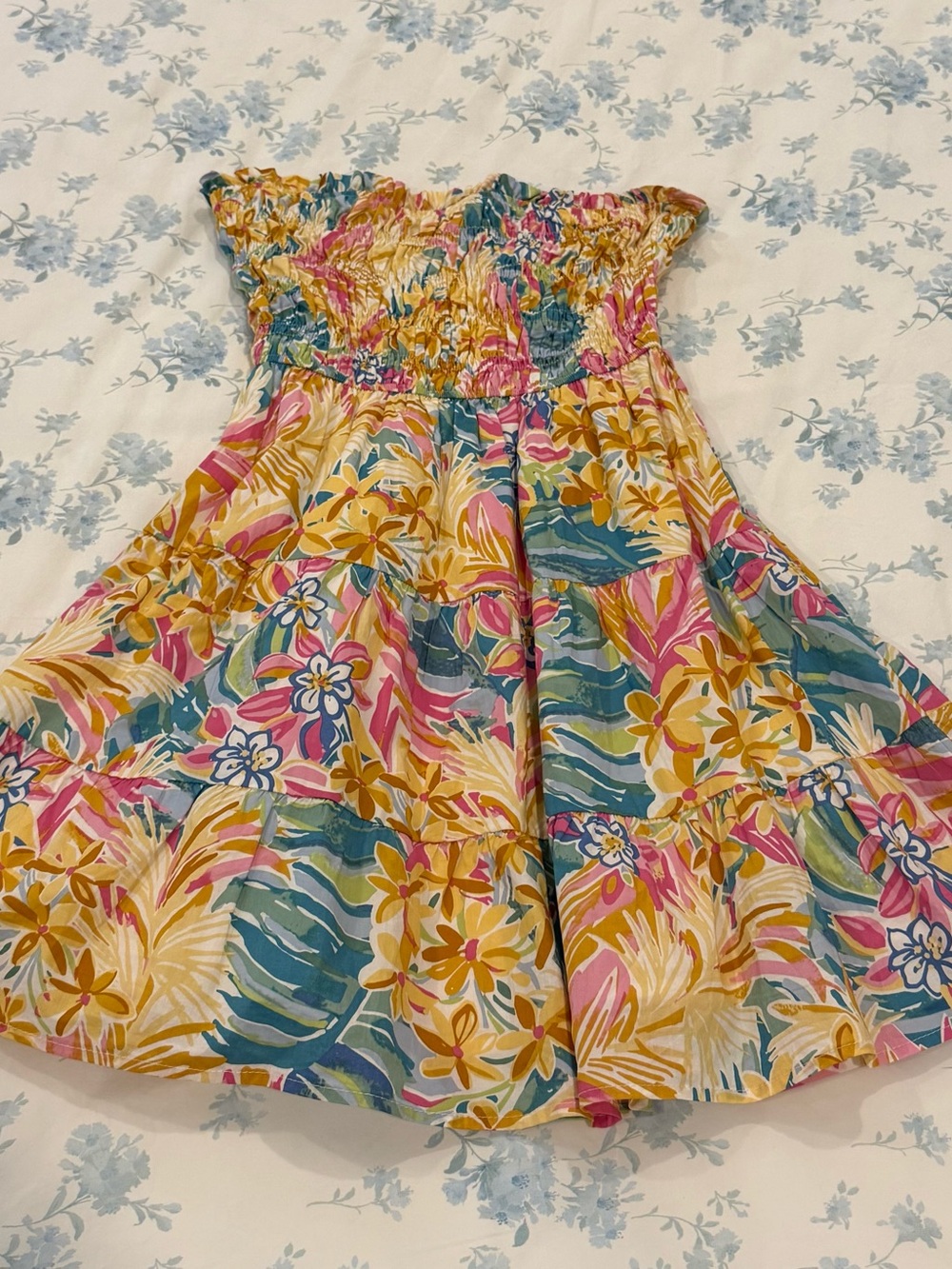 Strapless Smocked Sundress in Yellow, Pink & Blue